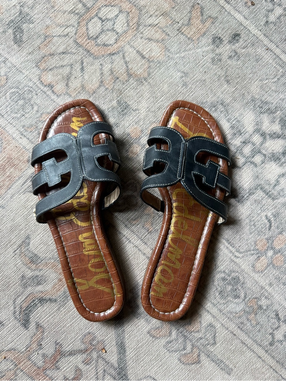 Sam Edelman Black Leather Cutout Slide Sandals with Brown Footbed
